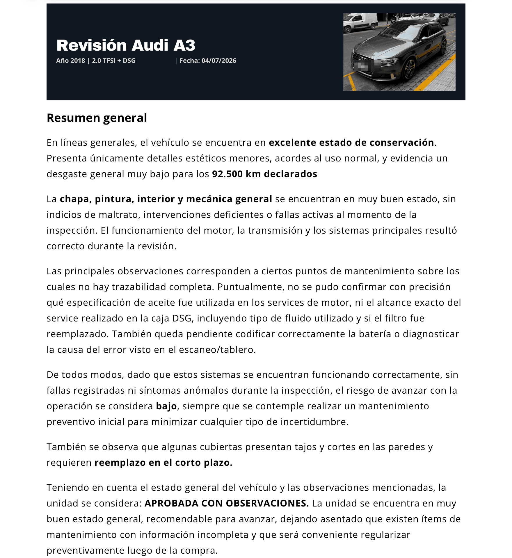 Portada del informe con los datos del auto revisado